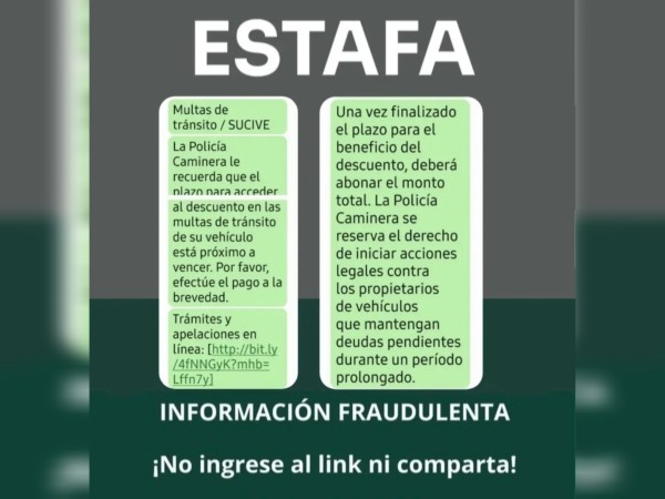 Alertan por estafa que usa el nombre del Sucive y Policía Caminera para reclamar falsas multas