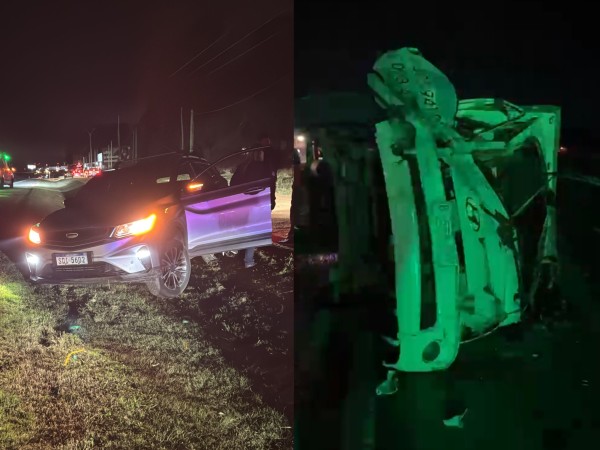 Camión volcó frente a Ocean Park tras chocar contra un auto detenido en la banquina